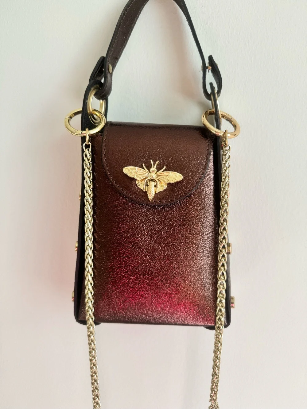 Vera Pelle Metallic Bronze Leather Bee Phone Crossbody Bag Made in Italy